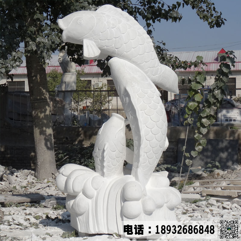 汉白玉石雕鱼雕刻图片,公园小区喷水小鱼雕塑摆件,曲阳动物石雕加工厂家