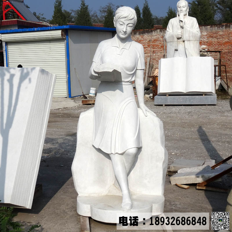 河北曲阳石雕人物雕像 汉白玉石雕读书小女孩校园文化摆放专业人物雕刻工厂